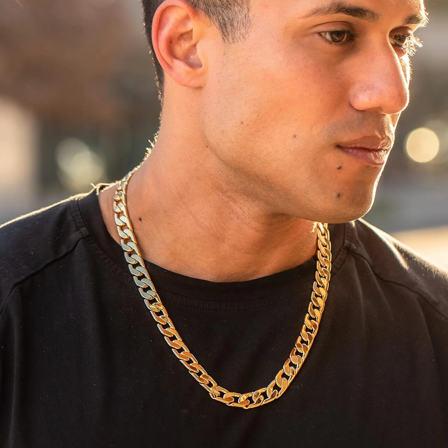 LIFETIME JEWELRY 11.5mm Flat Cuban Link Chain Necklace for Men 24k Real Gold Plated