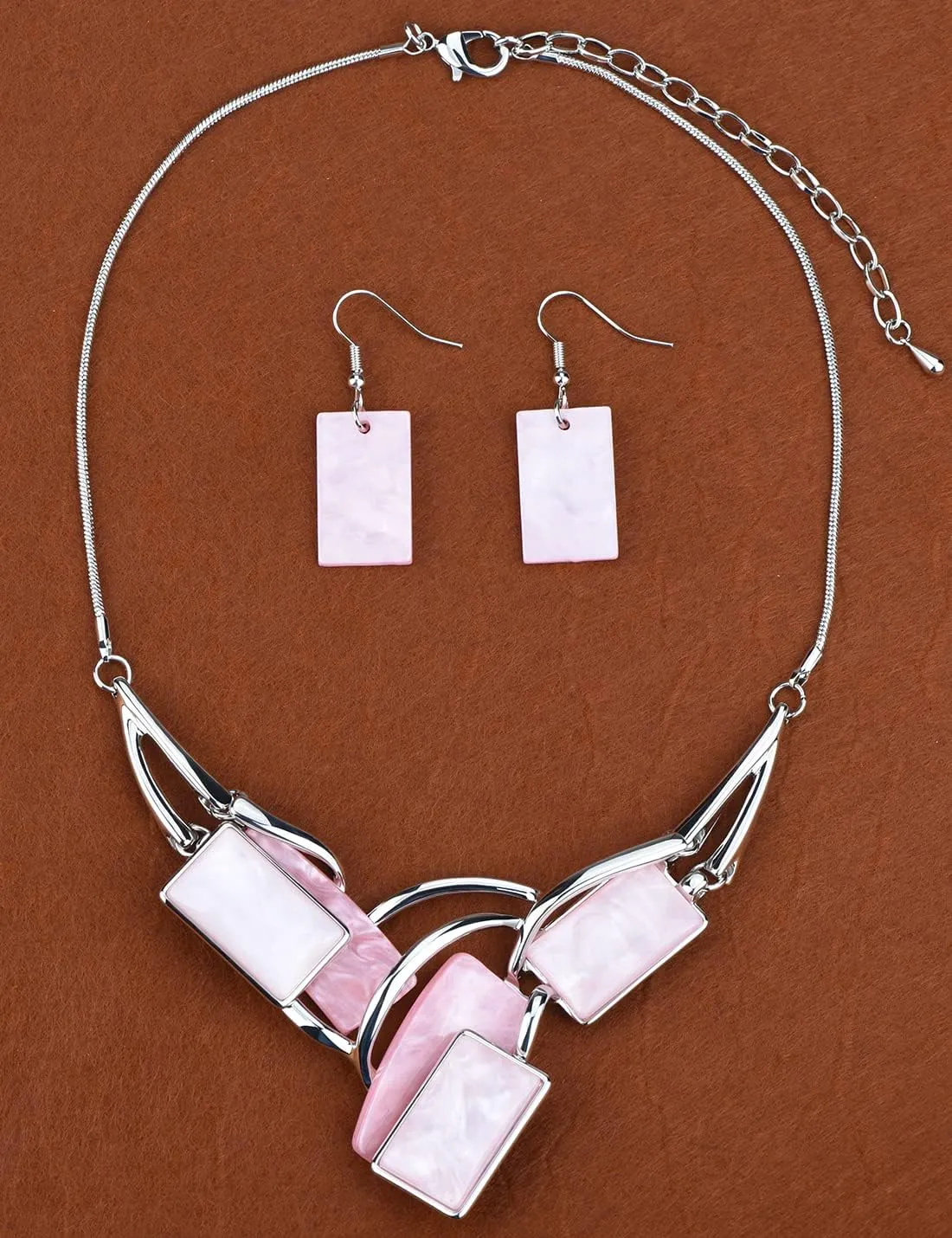 Light Weight Square Alloy Bib Statement Necklaces and Earrings Jewelry Sets for Women Silver Tone