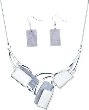 Light Weight Square Alloy Bib Statement Necklaces and Earrings Jewelry Sets for Women Silver Tone