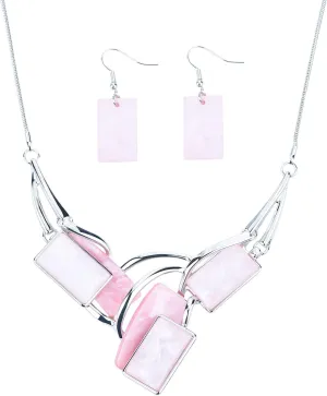 Light Weight Square Alloy Bib Statement Necklaces and Earrings Jewelry Sets for Women Silver Tone