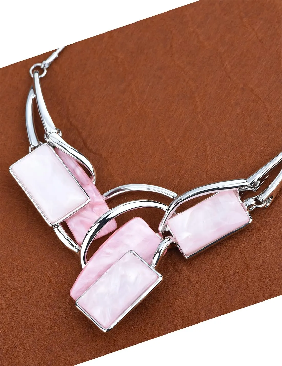 Light Weight Square Alloy Bib Statement Necklaces and Earrings Jewelry Sets for Women Silver Tone