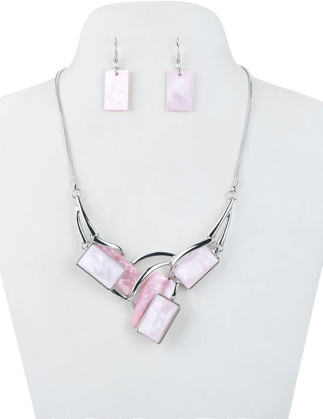 Light Weight Square Alloy Bib Statement Necklaces and Earrings Jewelry Sets for Women Silver Tone