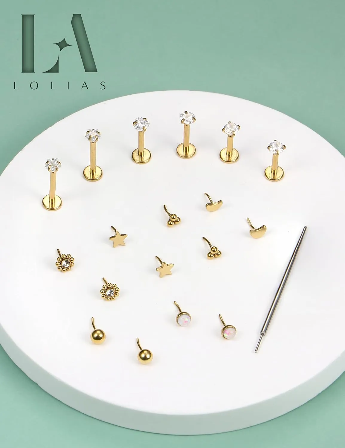 LOLIAS 20G 18G 16G Threadless Nose Studs Rings for Women Men 316L Surgical Steel Push in Flat Back Earrings CZ Lip Labret Nose Rings Studs Cartilage Helix Conch Medusa Nostril Tragus Piercing Jewelry 6mm 8mm 10mm Length