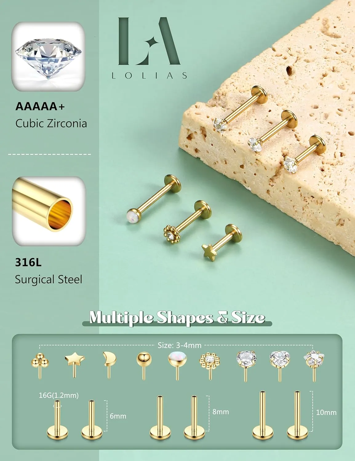 LOLIAS 20G 18G 16G Threadless Nose Studs Rings for Women Men 316L Surgical Steel Push in Flat Back Earrings CZ Lip Labret Nose Rings Studs Cartilage Helix Conch Medusa Nostril Tragus Piercing Jewelry 6mm 8mm 10mm Length