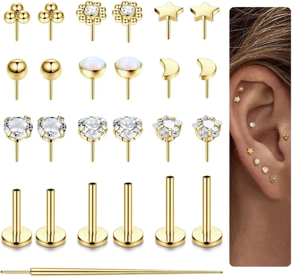 LOLIAS 20G 18G 16G Threadless Nose Studs Rings for Women Men 316L Surgical Steel Push in Flat Back Earrings CZ Lip Labret Nose Rings Studs Cartilage Helix Conch Medusa Nostril Tragus Piercing Jewelry 6mm 8mm 10mm Length