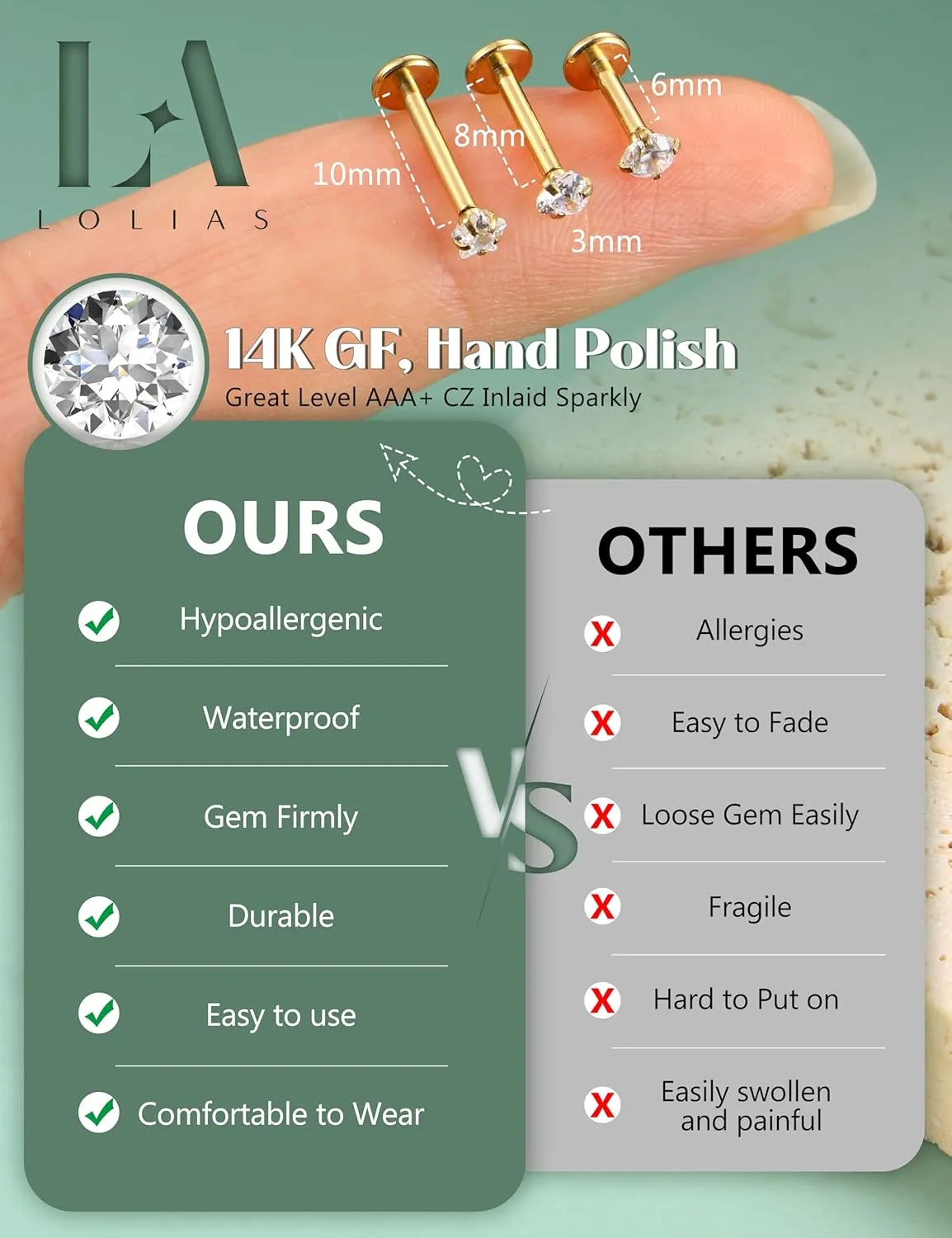 LOLIAS 20G 18G 16G Threadless Nose Studs Rings for Women Men 316L Surgical Steel Push in Flat Back Earrings CZ Lip Labret Nose Rings Studs Cartilage Helix Conch Medusa Nostril Tragus Piercing Jewelry 6mm 8mm 10mm Length