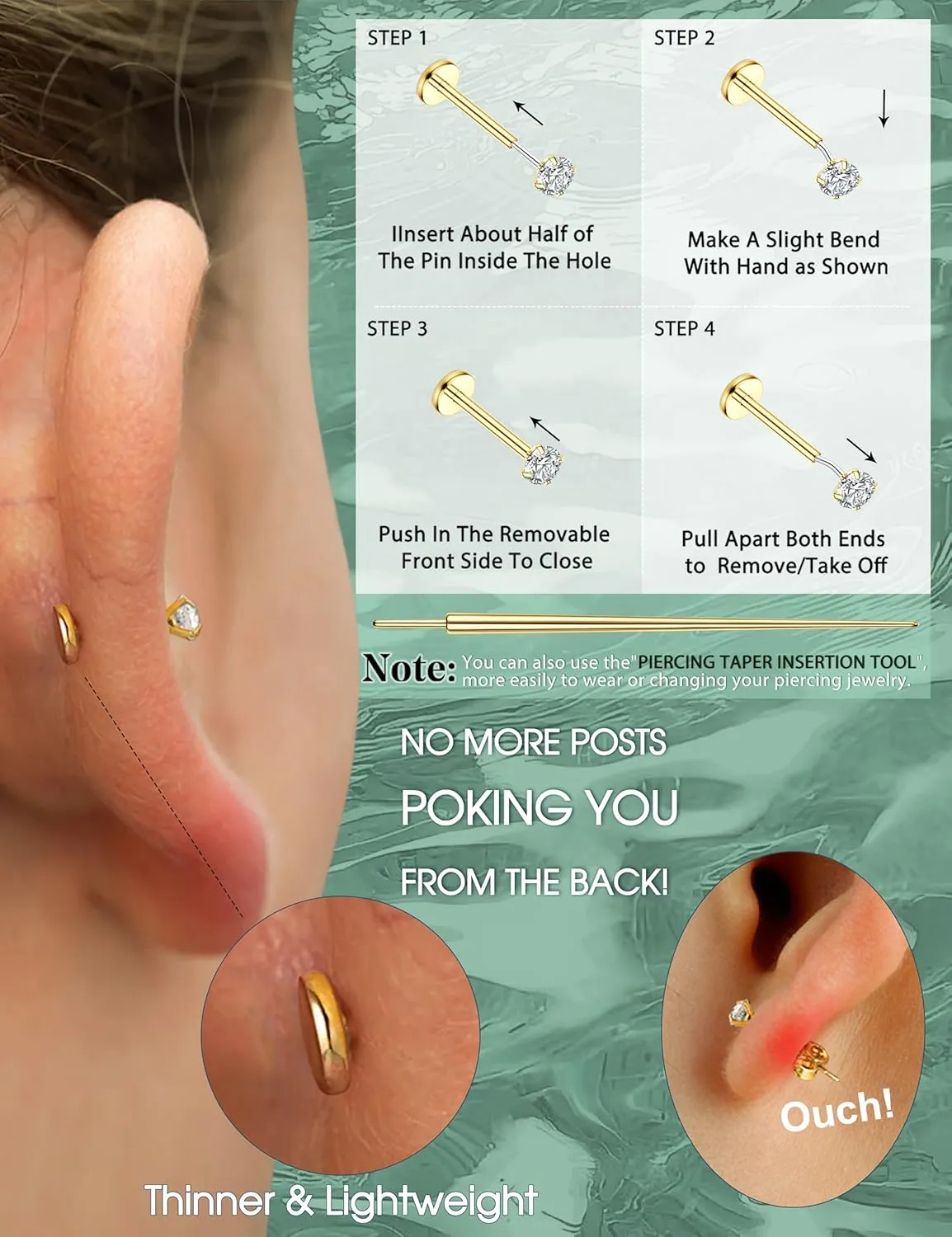 LOLIAS 20G 18G 16G Threadless Nose Studs Rings for Women Men 316L Surgical Steel Push in Flat Back Earrings CZ Lip Labret Nose Rings Studs Cartilage Helix Conch Medusa Nostril Tragus Piercing Jewelry 6mm 8mm 10mm Length