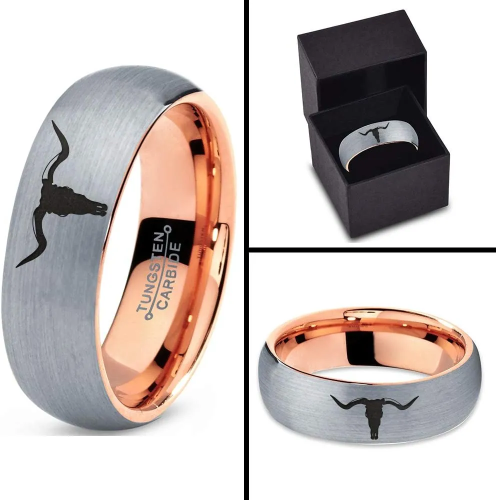 Longhorn Texas Bull Horn Ring - Tungsten Band 8mm - Men - Women - 18k Rose Gold Step Bevel Edge - Yellow - Grey - Blue - Black - Brushed - Polished - Wedding - Gift Dome Flat Cut