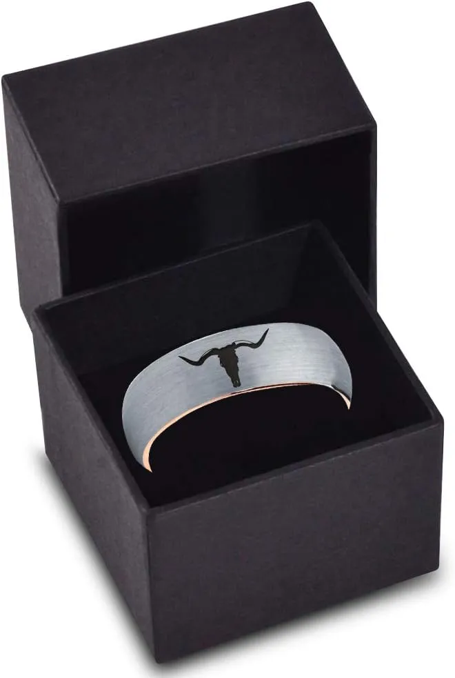 Longhorn Texas Bull Horn Ring - Tungsten Band 8mm - Men - Women - 18k Rose Gold Step Bevel Edge - Yellow - Grey - Blue - Black - Brushed - Polished - Wedding - Gift Dome Flat Cut