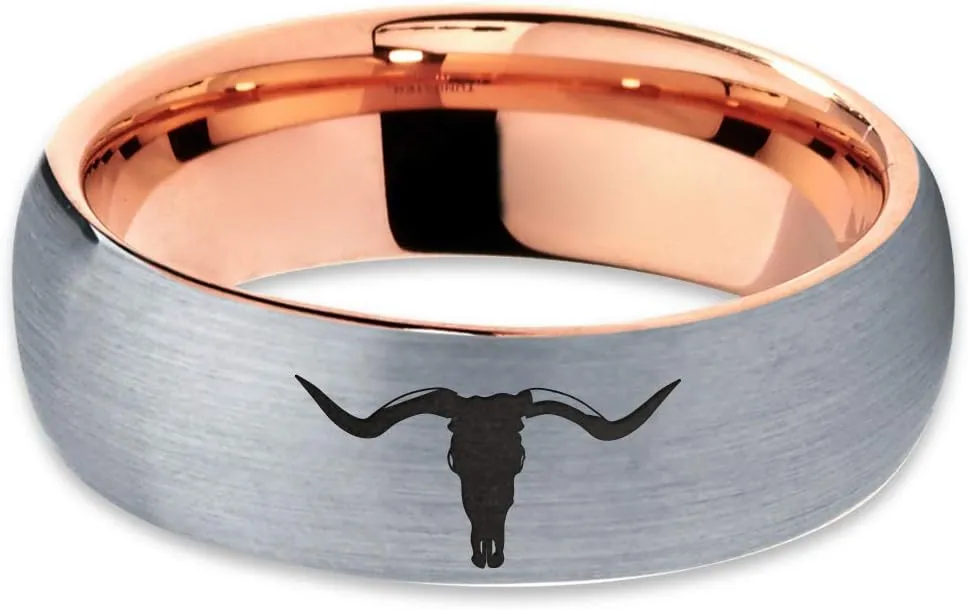 Longhorn Texas Bull Horn Ring - Tungsten Band 8mm - Men - Women - 18k Rose Gold Step Bevel Edge - Yellow - Grey - Blue - Black - Brushed - Polished - Wedding - Gift Dome Flat Cut