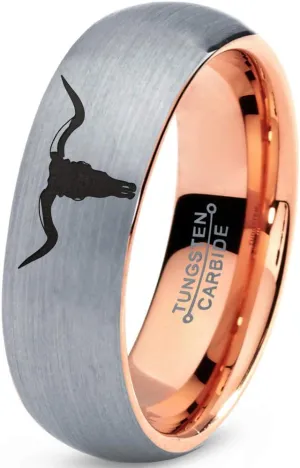 Longhorn Texas Bull Horn Ring - Tungsten Band 8mm - Men - Women - 18k Rose Gold Step Bevel Edge - Yellow - Grey - Blue - Black - Brushed - Polished - Wedding - Gift Dome Flat Cut