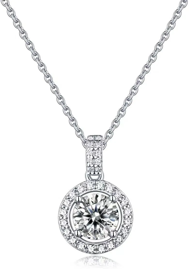 LUSHE Moissanite Pendant Necklace Round Halo D Color VVS1 Clarity 1-2 CT 925 Sterling Silver with 18K Gold Plating Moissanite Necklaces for Women Jewelry Gifts