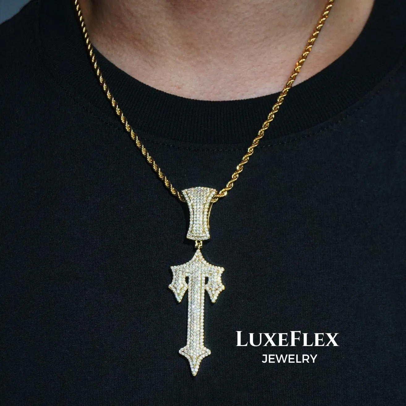 LuxeFlex Hip Hop Cross Sword Necklaces with 12MM 20" Miami Cuban Link Chain, Iced Out Diamond Initial T Pendant Necklace, Alphabet Letter Pendant Choker, Trendy Rapper Jewelry for Men Women