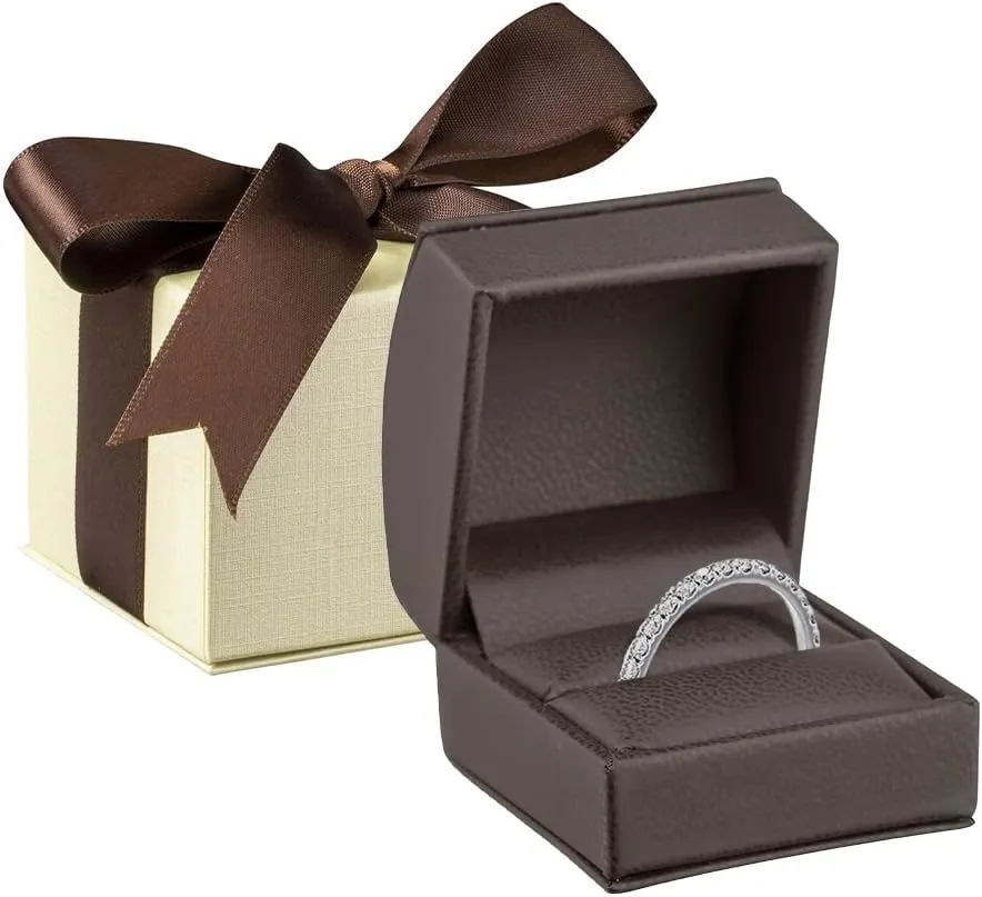 Luxury Dome-Shape Leather Ring Box - Ring Gift Box for Engagement, Proposal, Wedding Day - Jewelry Box with Cream Ribbed Outer Box & Matching Bow Ribbon - Small Ring Case for Men & Women