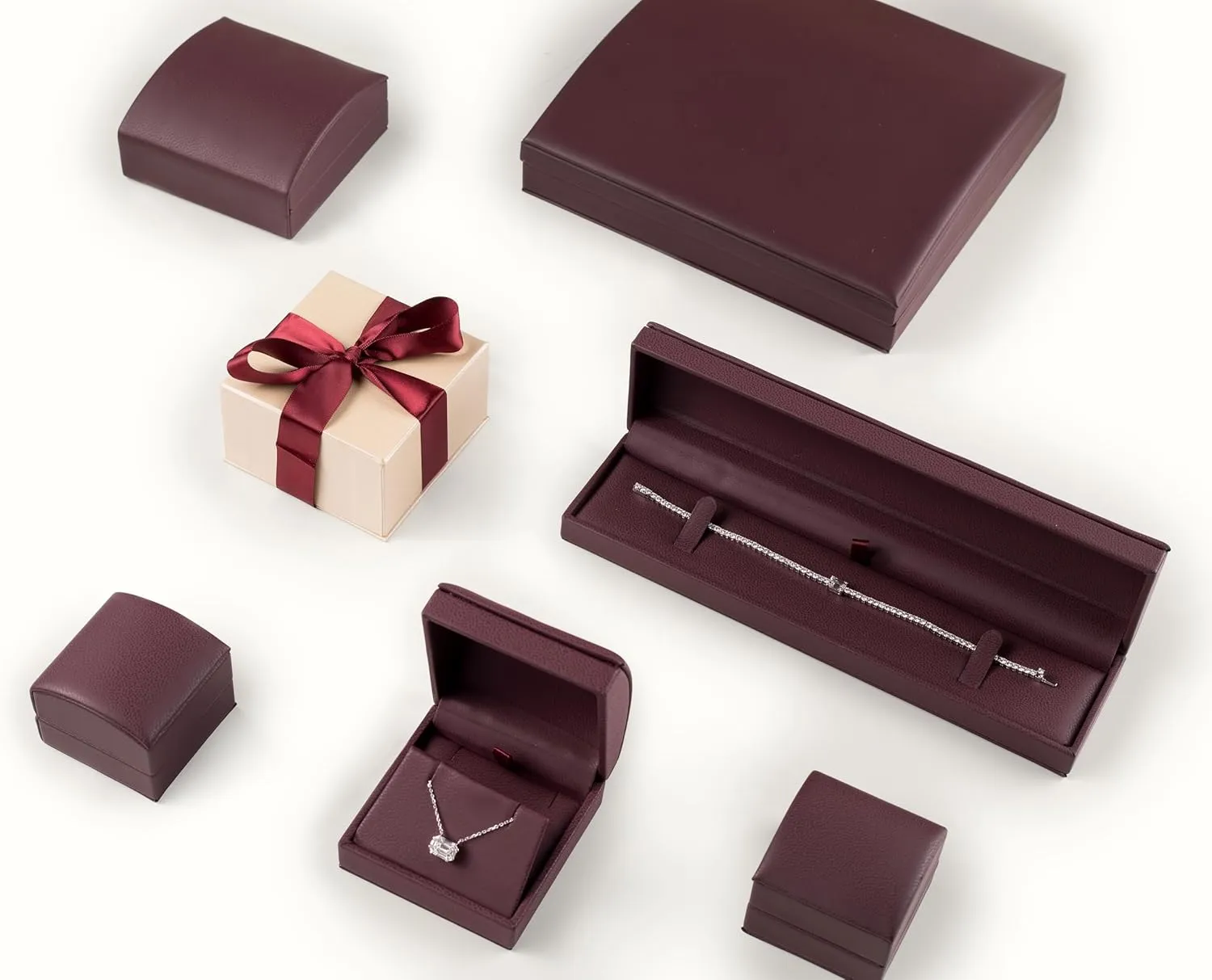 Luxury Dome-Shape Leather Ring Box - Ring Gift Box for Engagement, Proposal, Wedding Day - Jewelry Box with Cream Ribbed Outer Box & Matching Bow Ribbon - Small Ring Case for Men & Women