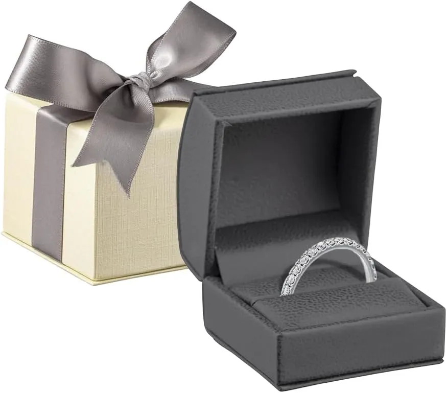 Luxury Dome-Shape Leather Ring Box - Ring Gift Box for Engagement, Proposal, Wedding Day - Jewelry Box with Cream Ribbed Outer Box & Matching Bow Ribbon - Small Ring Case for Men & Women