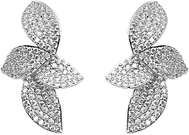 Luxury Leaf Flower Cubic Zirconia Crystal Statement Stud Earrings for Women Dainty 925 Sterling Silver Post Diamond Huggie Studs Small Dangle Drop Fashion Trendy Jewelry Wedding Party Gift