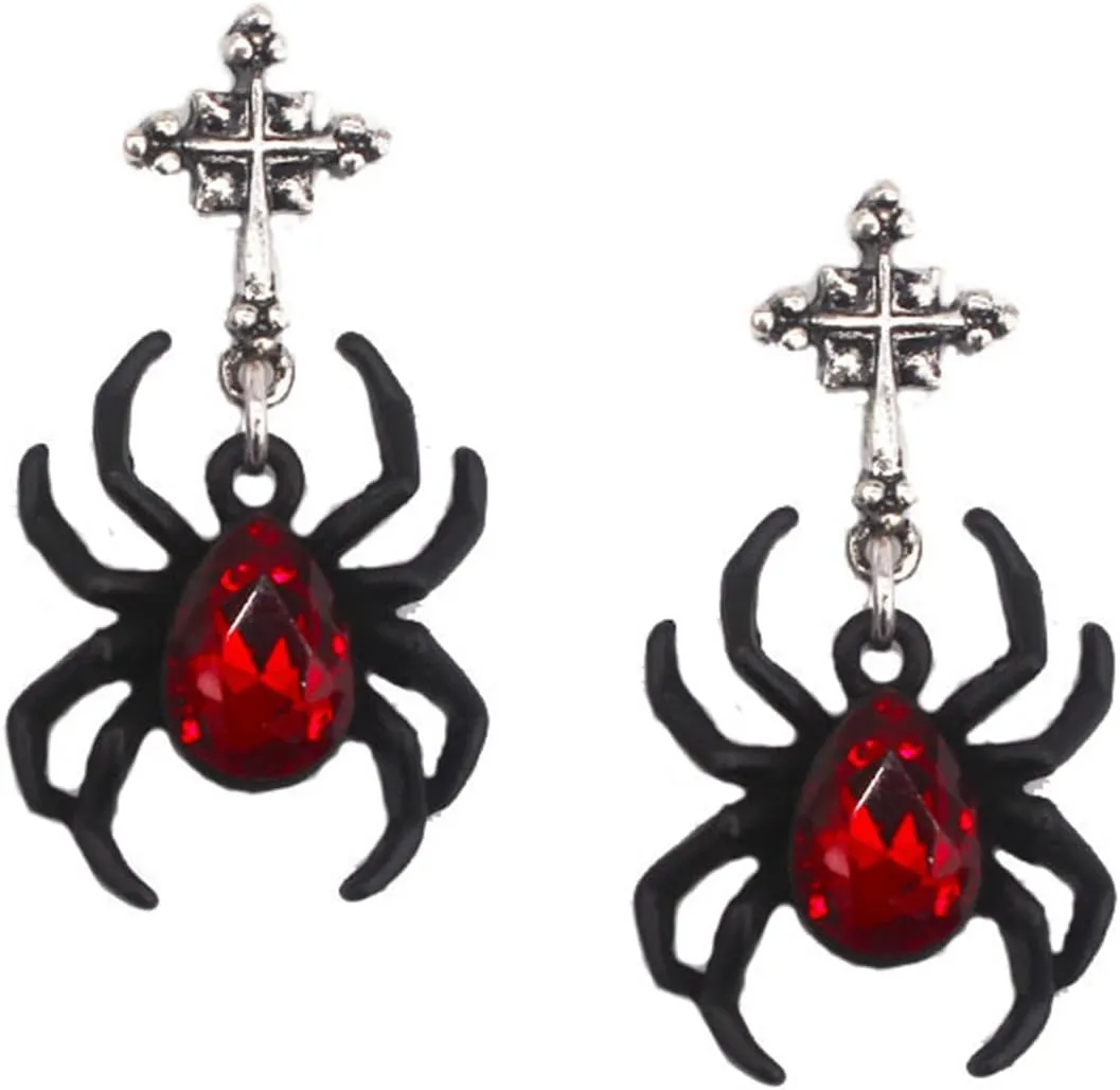 MALOYANVE Halloween Spider Earrings for Women Lifelike 3D Scary Vintage Black Gothic Red Blue Crystal Web Animal Lightweight Stud Earrings Cosplay Party Jewelry