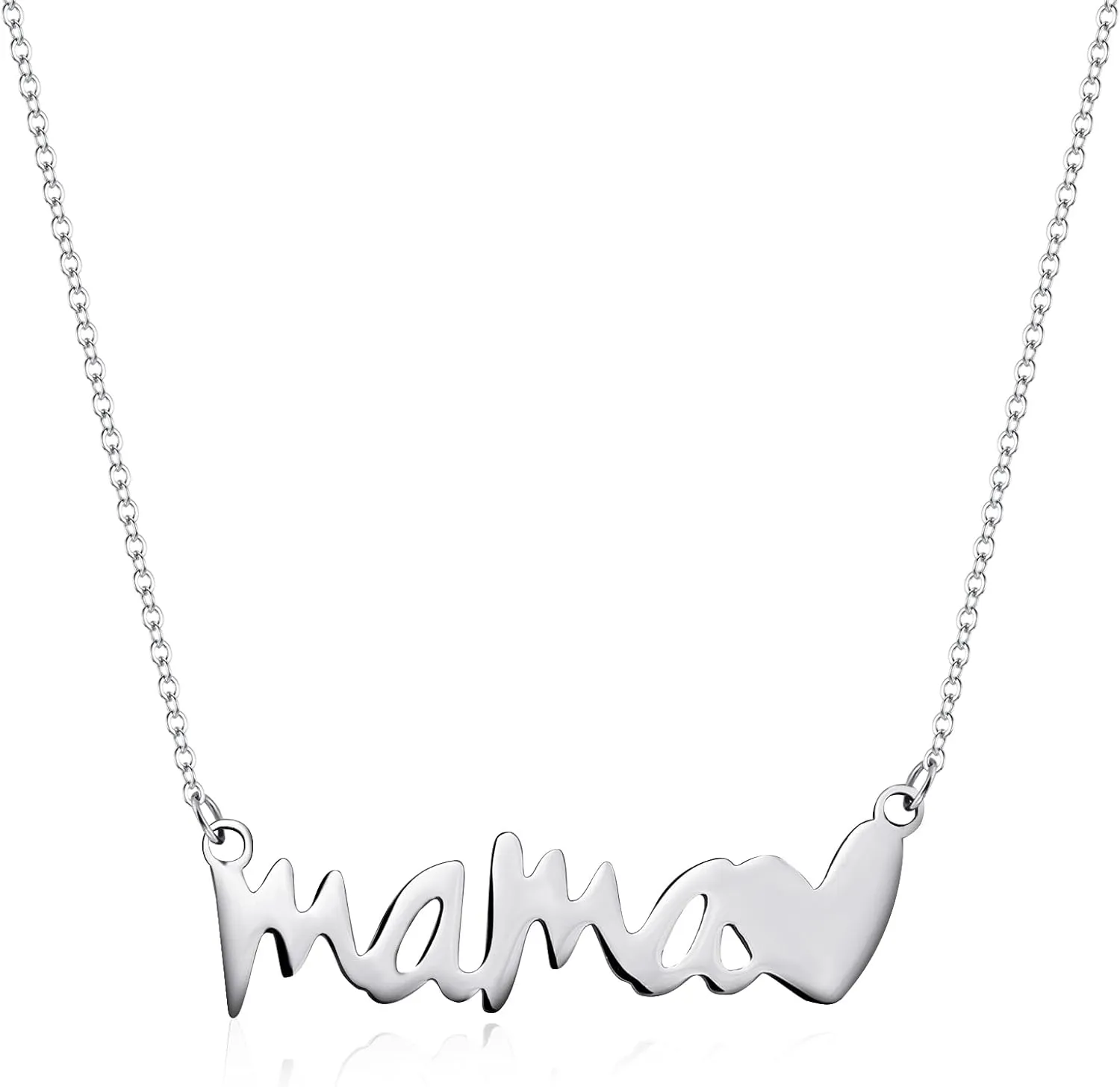 Mama Necklace for Women - Sterling Silver Mom Necklace with Bold Letter Pendant and heart, Mother's Day Gifts 2025, Silver Pendant Necklace for Everyday Wear