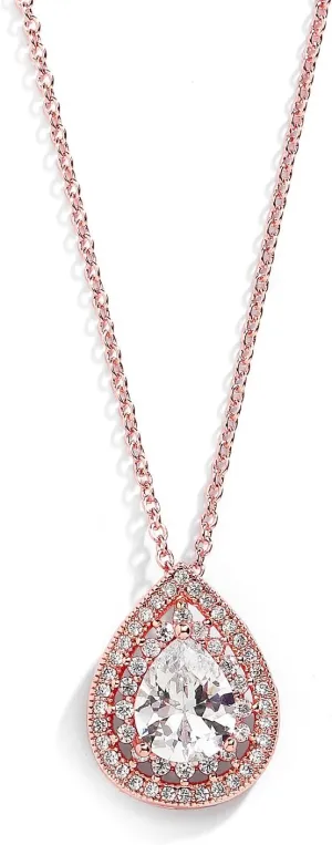 Mariell Pear-Shaped Solitaire Pendant Necklace for Brides, Bold  CZ Crystal Drop, Rose Gold Wedding Bridal Jewelry for Weddings, Mother to The Bride