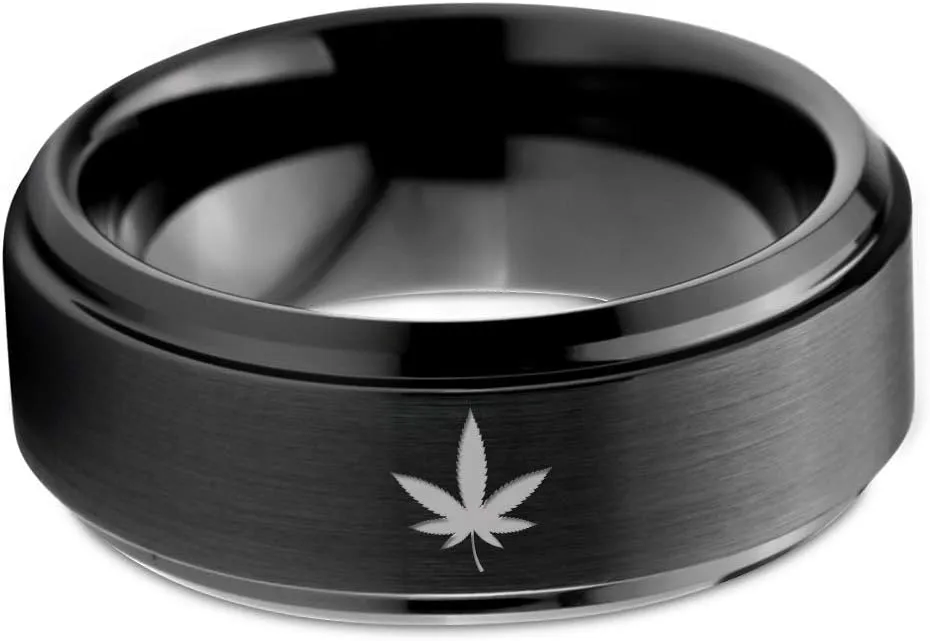 Marijuana Weed Cannabis Leaf Ring - Tungsten Band 8mm - Men - Women - 18k Rose Gold Step Bevel Edge - Yellow - Grey - Blue - Black - Brushed - Polished - Wedding - Gift Dome Flat