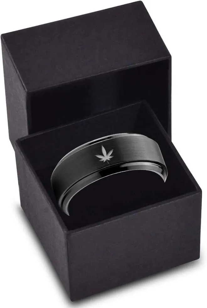 Marijuana Weed Cannabis Leaf Ring - Tungsten Band 8mm - Men - Women - 18k Rose Gold Step Bevel Edge - Yellow - Grey - Blue - Black - Brushed - Polished - Wedding - Gift Dome Flat