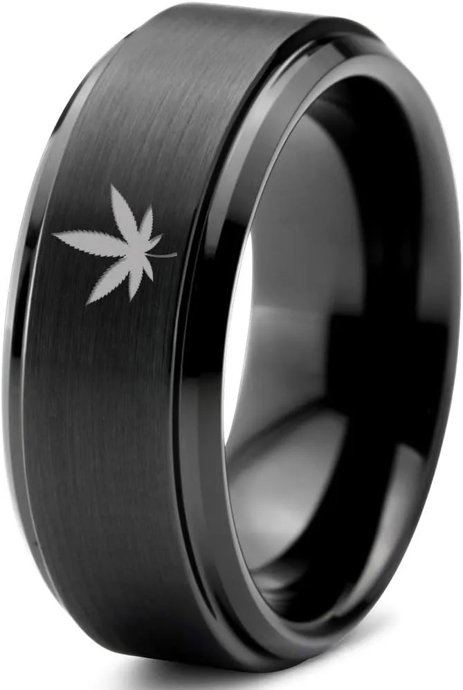 Marijuana Weed Cannabis Leaf Ring - Tungsten Band 8mm - Men - Women - 18k Rose Gold Step Bevel Edge - Yellow - Grey - Blue - Black - Brushed - Polished - Wedding - Gift Dome Flat