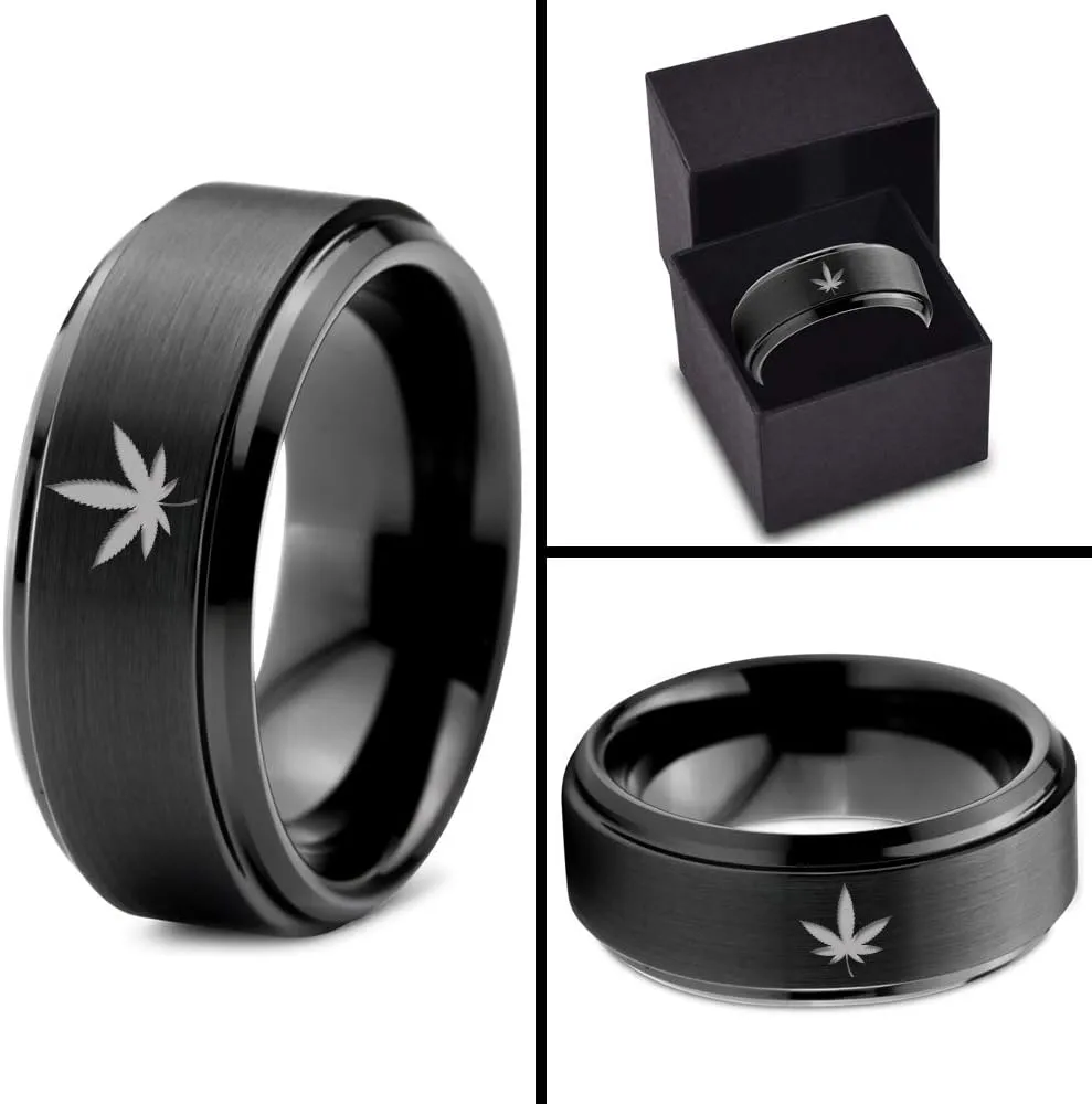 Marijuana Weed Cannabis Leaf Ring - Tungsten Band 8mm - Men - Women - 18k Rose Gold Step Bevel Edge - Yellow - Grey - Blue - Black - Brushed - Polished - Wedding - Gift Dome Flat