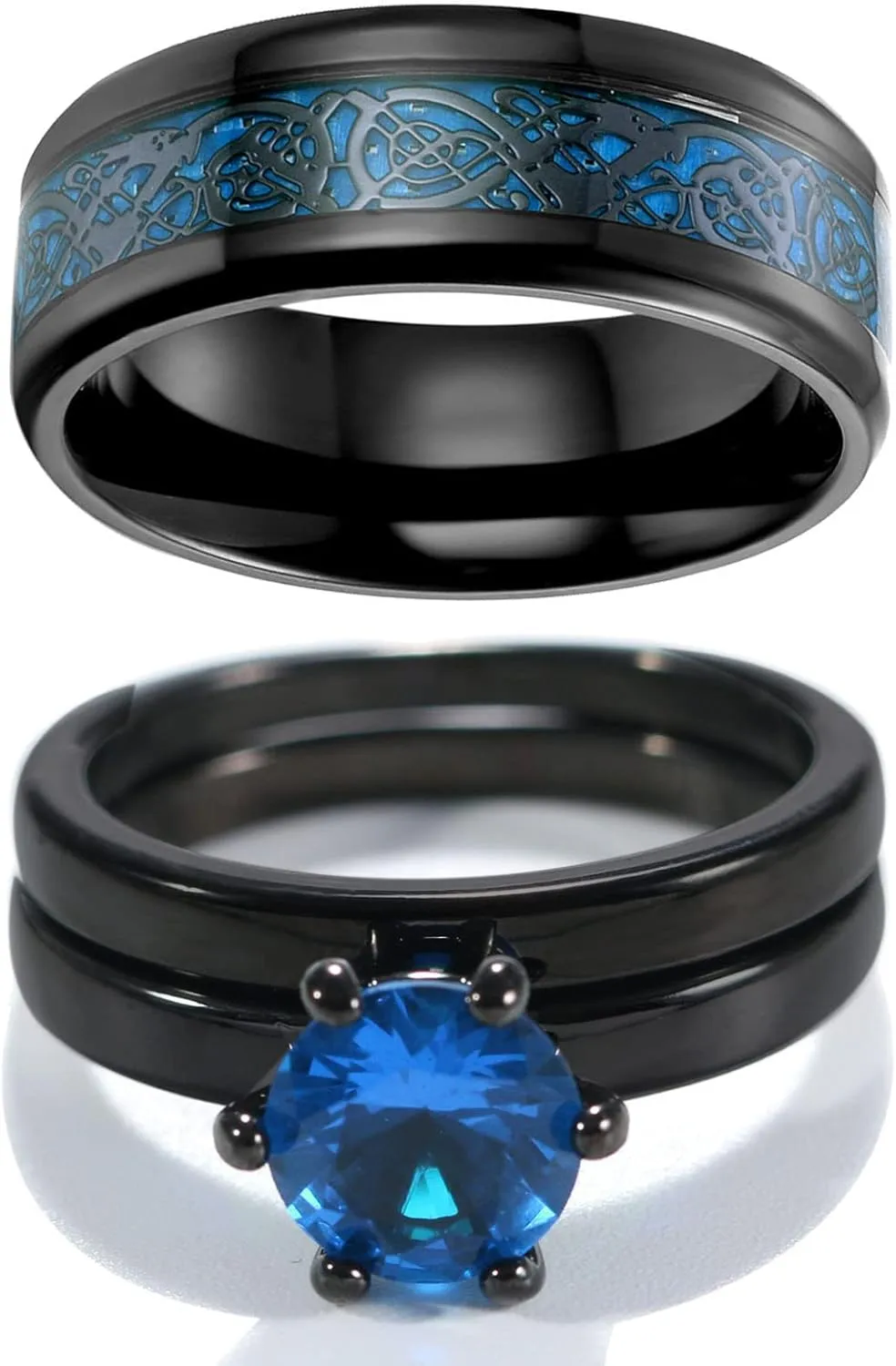 MASHAN Couple Rings His Her Wedding Ring Sets Matching Rings Blue and Black Ring Mens Wedding Bands