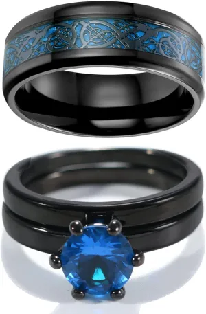 MASHAN Couple Rings His Her Wedding Ring Sets Matching Rings Blue and Black Ring Mens Wedding Bands
