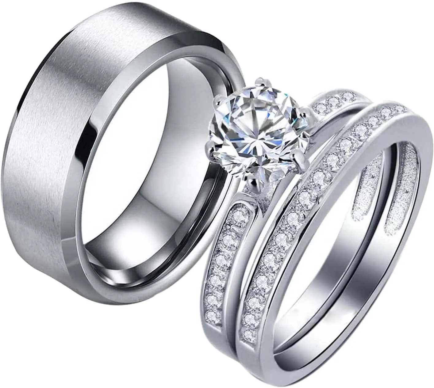 MASHAN Couple Rings His Her Wedding Ring Sets Matching Rings White Gold Plated AAA CZ Ring Titanium Men Ring