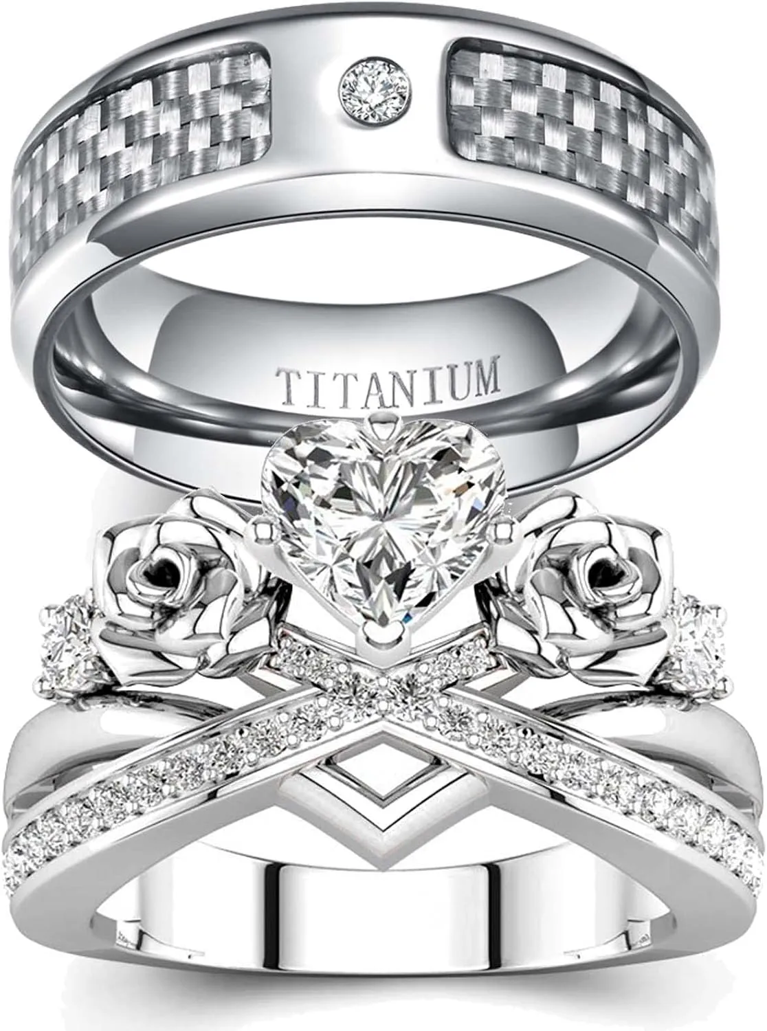 MASHAN Couple Rings Matching Rings 925 Sterling Silver Women's Wedding Ring Titanium Wedding Band