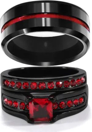MASHAN Couple Rings Matching Rings His Her Ring Red CZ Women's Wedding Ring Sets Titanium Wedding Band