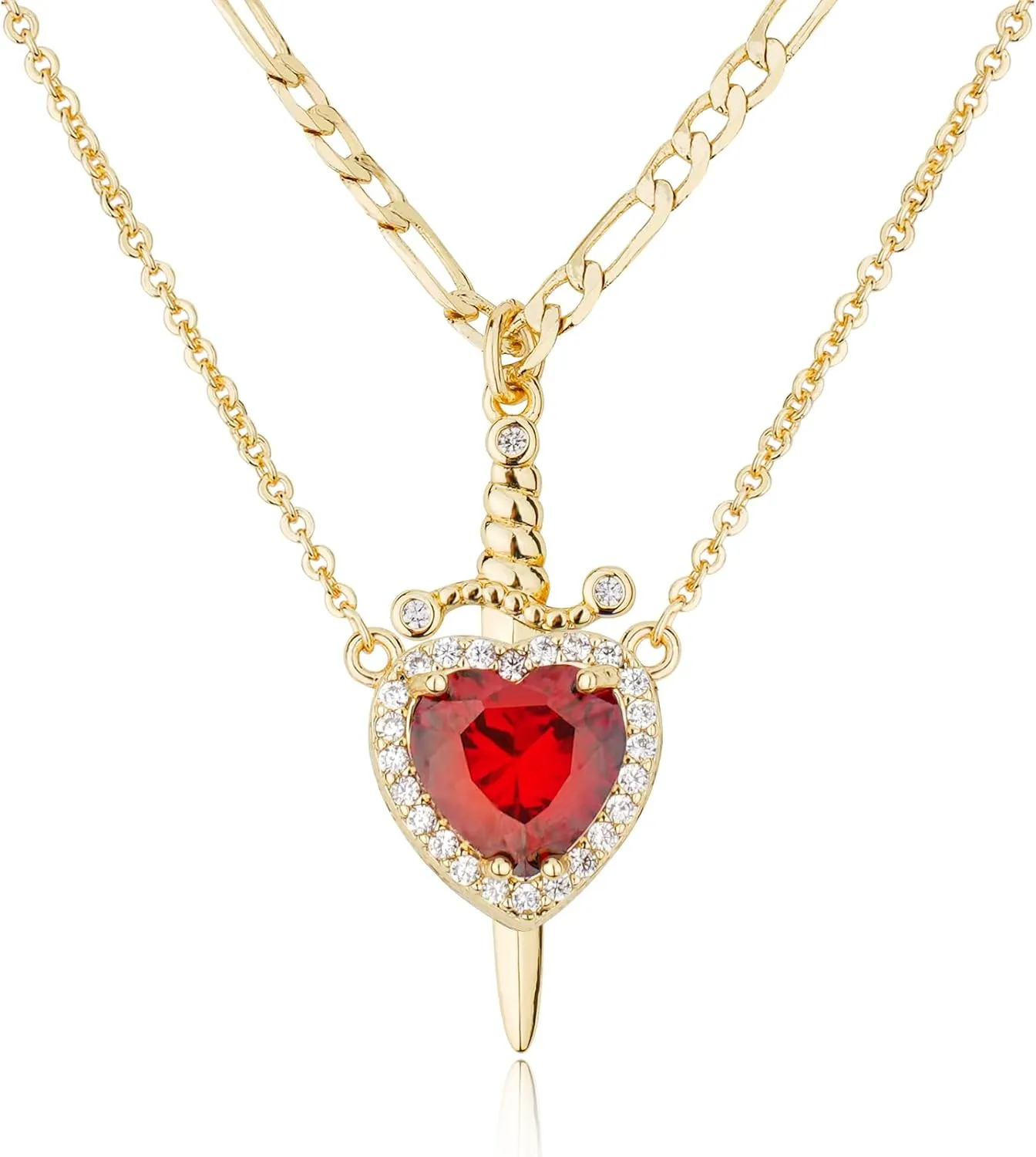 Matching Necklace for Couples 14K Gold Plated Sword and Heart Necklaces Trendy Set Dainty Zirconia Chain Pendant Jewelry Gifts for Him and Her