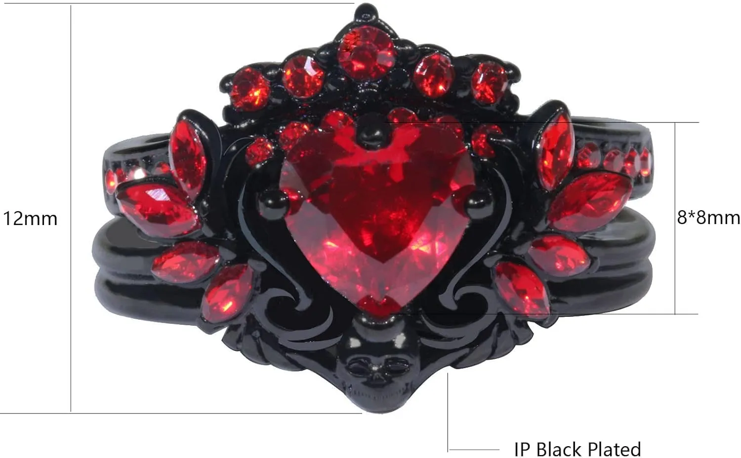 Matching Rings Black Plated Couple Rings Wings 1CT Heart Red CZ Wedding Ring Sets