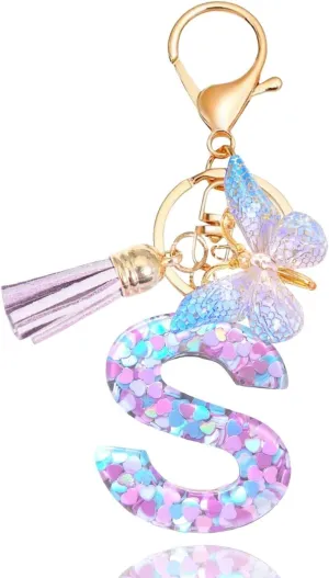 Meefisher Purple-Blue Pink Green Resin Alphabet Initial Letter Keychain Tassel Butterfly Key Ring for Purse Handbag Car Keys