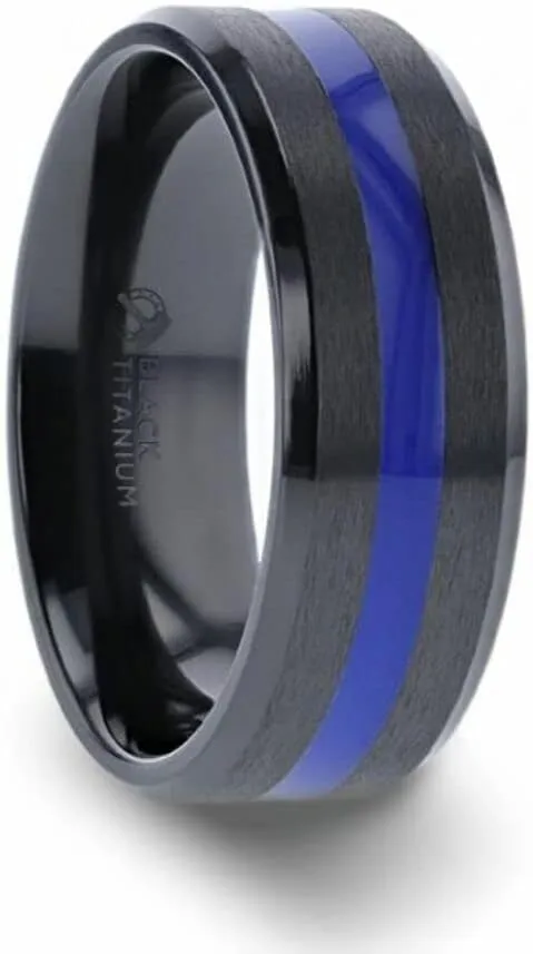 Mens Black Titanium Blue Stripe Inlaid Brushed Finish Center Polished Beveled Edges Wedding Ring - Beveled Comfort Fit - 8mm Wide - Style Name: JACKSEN