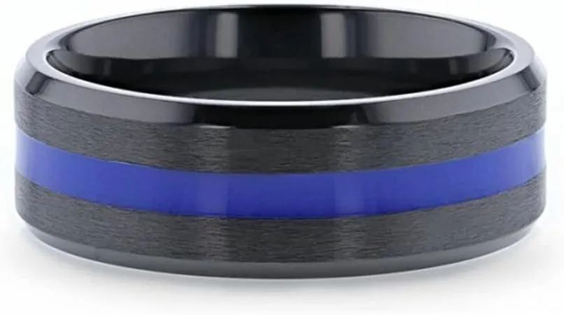 Mens Black Titanium Blue Stripe Inlaid Brushed Finish Center Polished Beveled Edges Wedding Ring - Beveled Comfort Fit - 8mm Wide - Style Name: JACKSEN