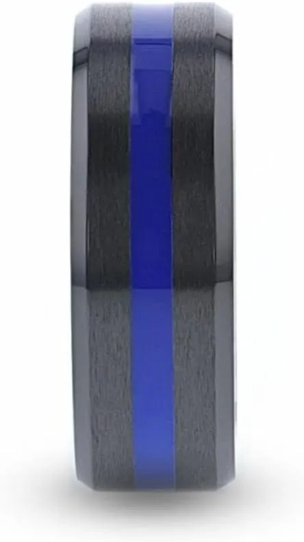 Mens Black Titanium Blue Stripe Inlaid Brushed Finish Center Polished Beveled Edges Wedding Ring - Beveled Comfort Fit - 8mm Wide - Style Name: JACKSEN
