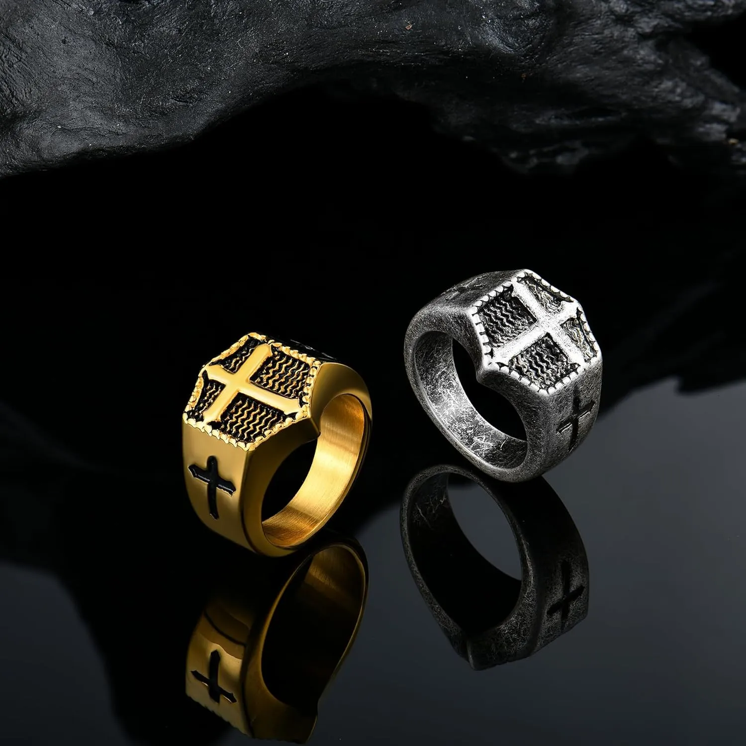 Men's Christian Cross Rings,Stainless Steel Crucifix Religious Rings for Men, Size 7-12