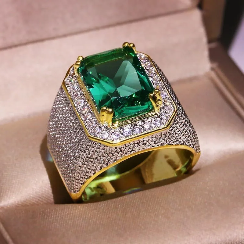 Mens Emerald Ring 925 Silver Men's Luxurious Green Gemstone Ring for Men Jewelry Mens Wedding Engagement Rings 18K Gold Plated Green Gemstone Ring Square Cut Cubic Zirconia Eternity Ring Band 12
