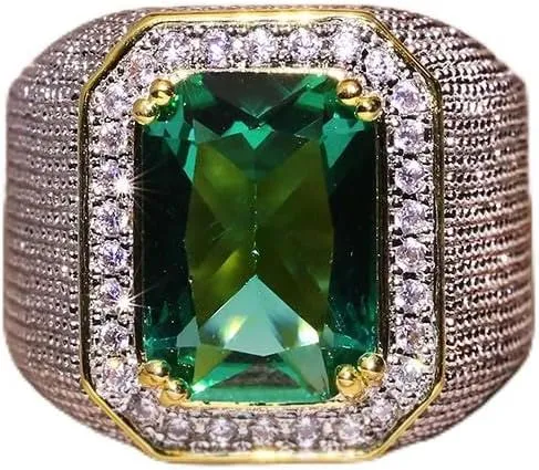 Mens Emerald Ring 925 Silver Men's Luxurious Green Gemstone Ring for Men Jewelry Mens Wedding Engagement Rings 18K Gold Plated Green Gemstone Ring Square Cut Cubic Zirconia Eternity Ring Band 12