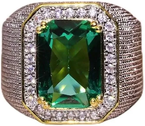 Mens Emerald Ring 925 Silver Men's Luxurious Green Gemstone Ring for Men Jewelry Mens Wedding Engagement Rings 18K Gold Plated Green Gemstone Ring Square Cut Cubic Zirconia Eternity Ring Band 9
