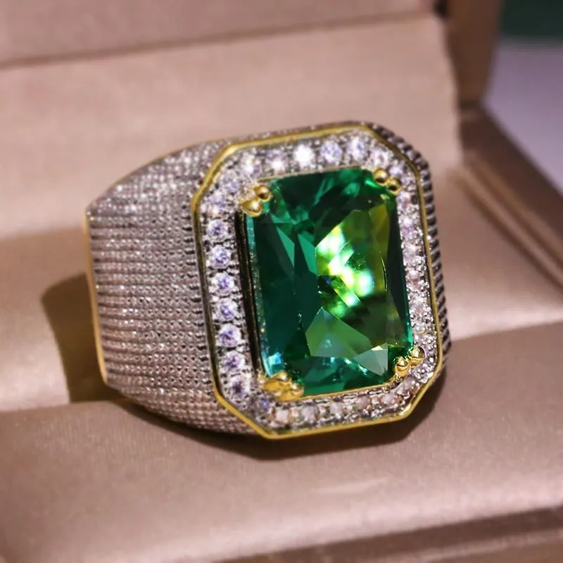 Mens Emerald Ring 925 Silver Men's Luxurious Green Gemstone Ring for Men Jewelry Mens Wedding Engagement Rings 18K Gold Plated Green Gemstone Ring Square Cut Cubic Zirconia Eternity Ring Band 9