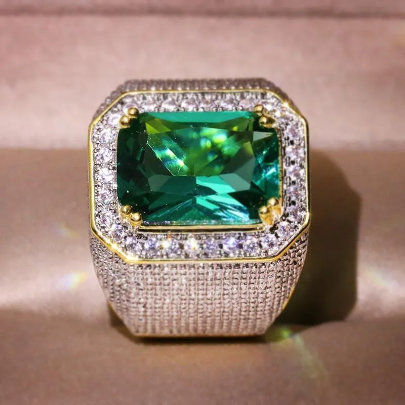 Mens Emerald Ring 925 Silver Men's Luxurious Green Gemstone Ring for Men Jewelry Mens Wedding Engagement Rings 18K Gold Plated Green Gemstone Ring Square Cut Cubic Zirconia Eternity Ring Band 9