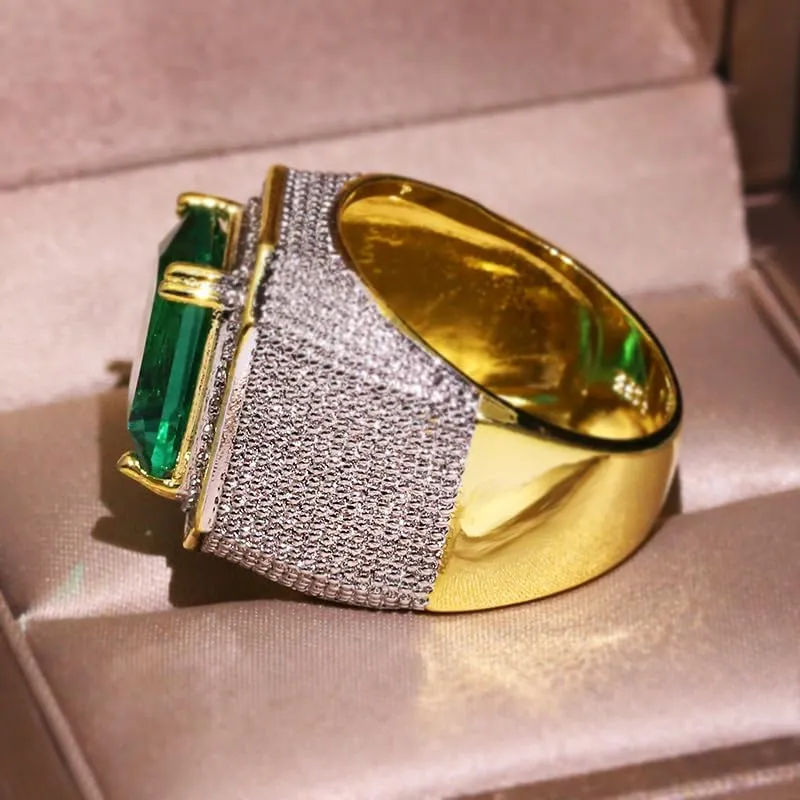 Mens Emerald Ring 925 Silver Men's Luxurious Green Gemstone Ring for Men Jewelry Mens Wedding Engagement Rings 18K Gold Plated Green Gemstone Ring Square Cut Cubic Zirconia Eternity Ring Band 9