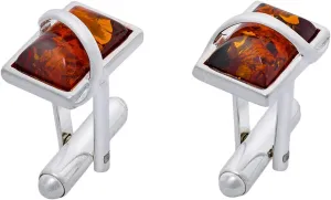 Men's Silver Cufflinks with Amber, Modern Rectangular Shape, Polished Sterling Silver, Natural Amber in Cognac Colour