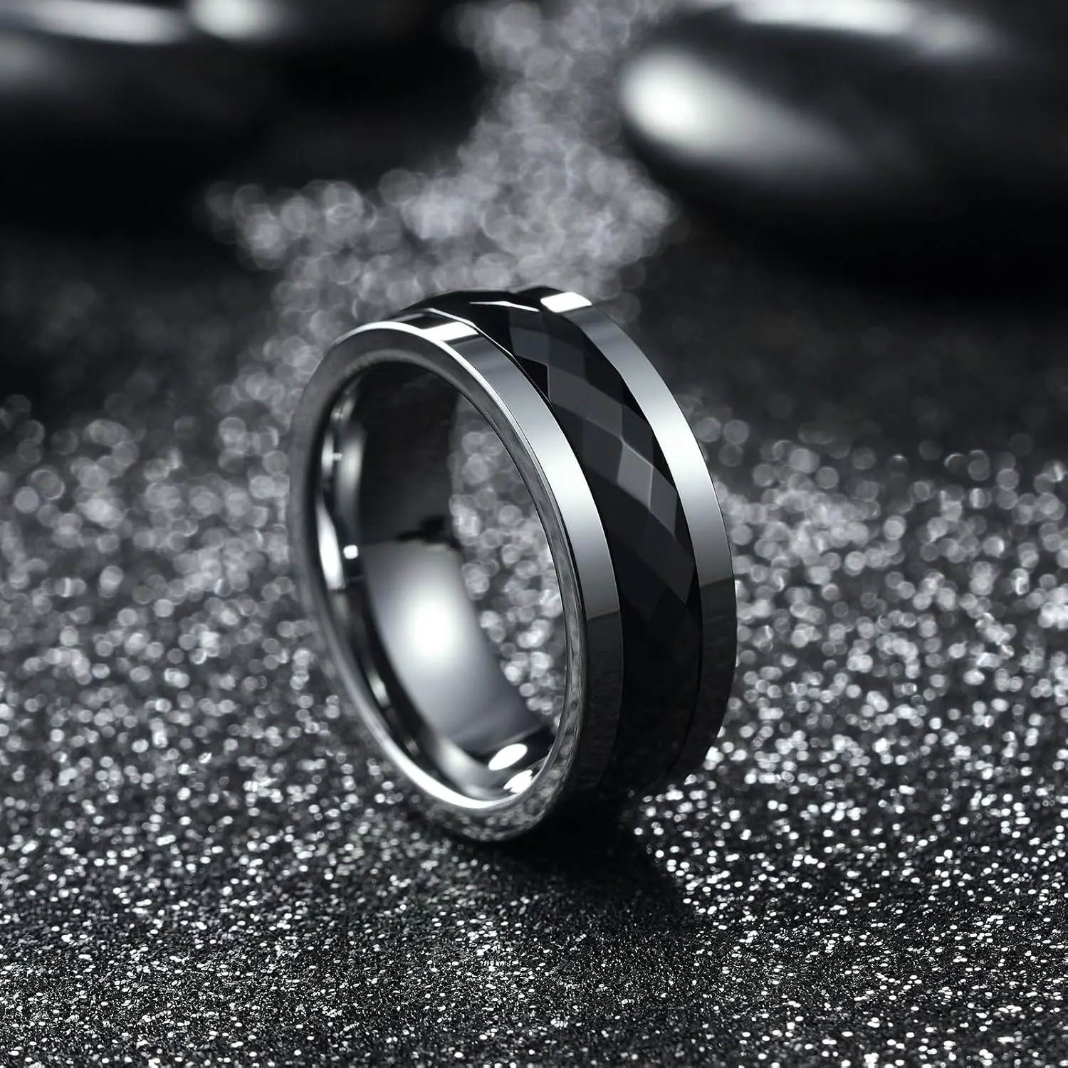 Men's Tungsten Wedding Band, 4mm/6mm/8mm Beveled Edge Polished Black/Steel/Anlter Wood/Anxiety Wedding Ring Comfort Fit Size 7-11