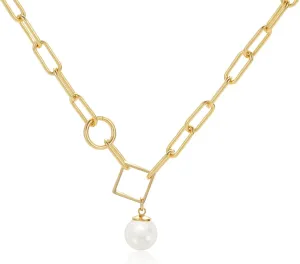 Mesovor Single Pearl Pendant Necklace for Women, 16K Gold Plated Paperclip Chain Necklace