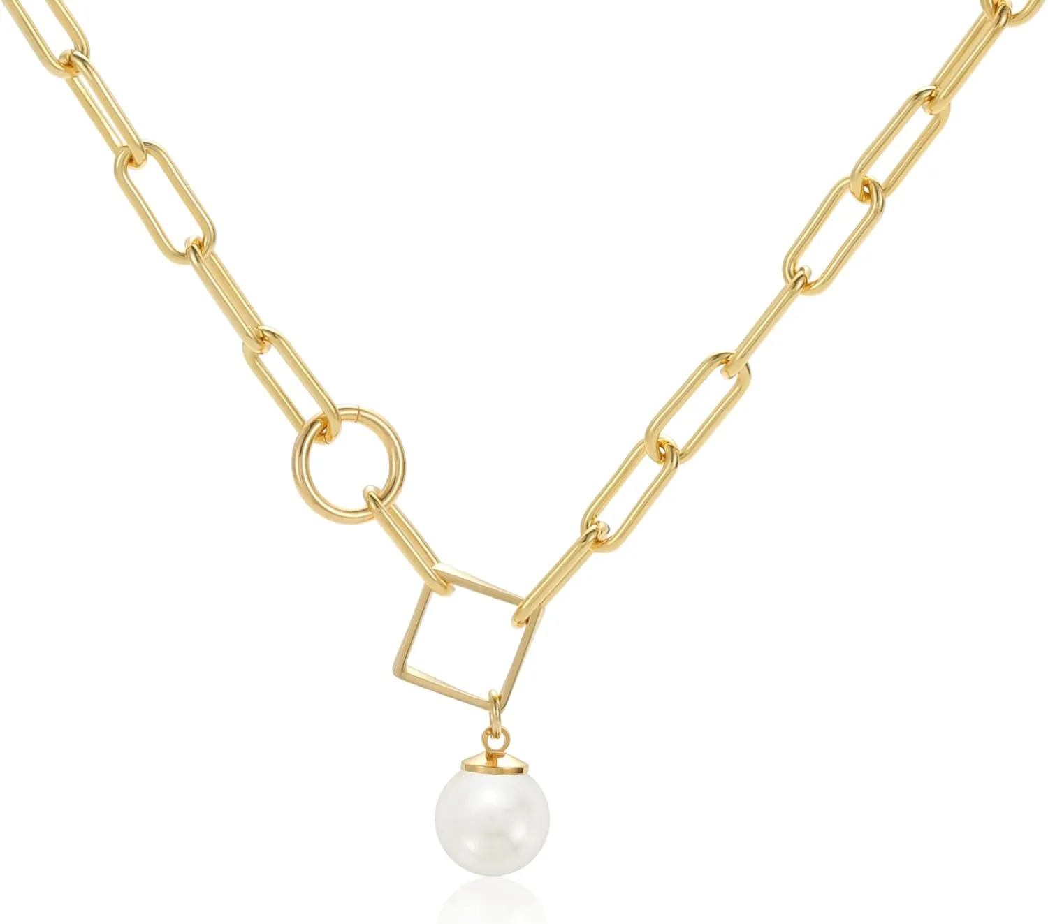 Mesovor Single Pearl Pendant Necklace for Women, 16K Gold Plated Paperclip Chain Necklace
